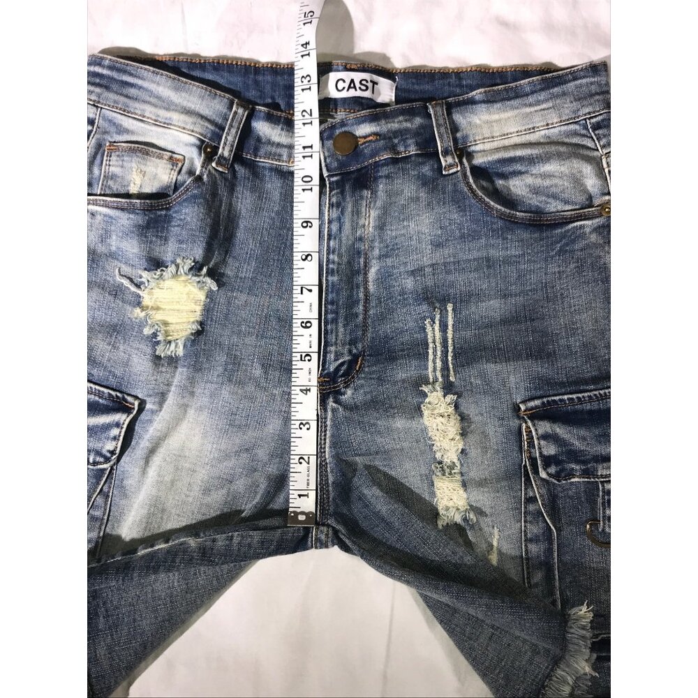 Cast Mens Distressed Denim Cargo Shorts Frayed Hem & Pockets - Picture 7 of 9